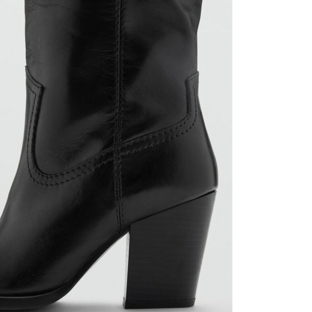 Mango Black Leather Western Knee-High Heeled Boots, NWT, 7.5 - Picture 3 of 13